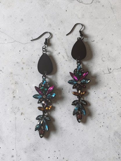 Upcycled Black Statement Dangle Earrings with Rainbow Gemstones