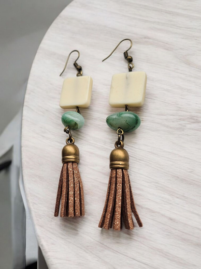 Upcycled White Wood and Brown Shimmer Tassles with Teal Accent Dangle Earrings