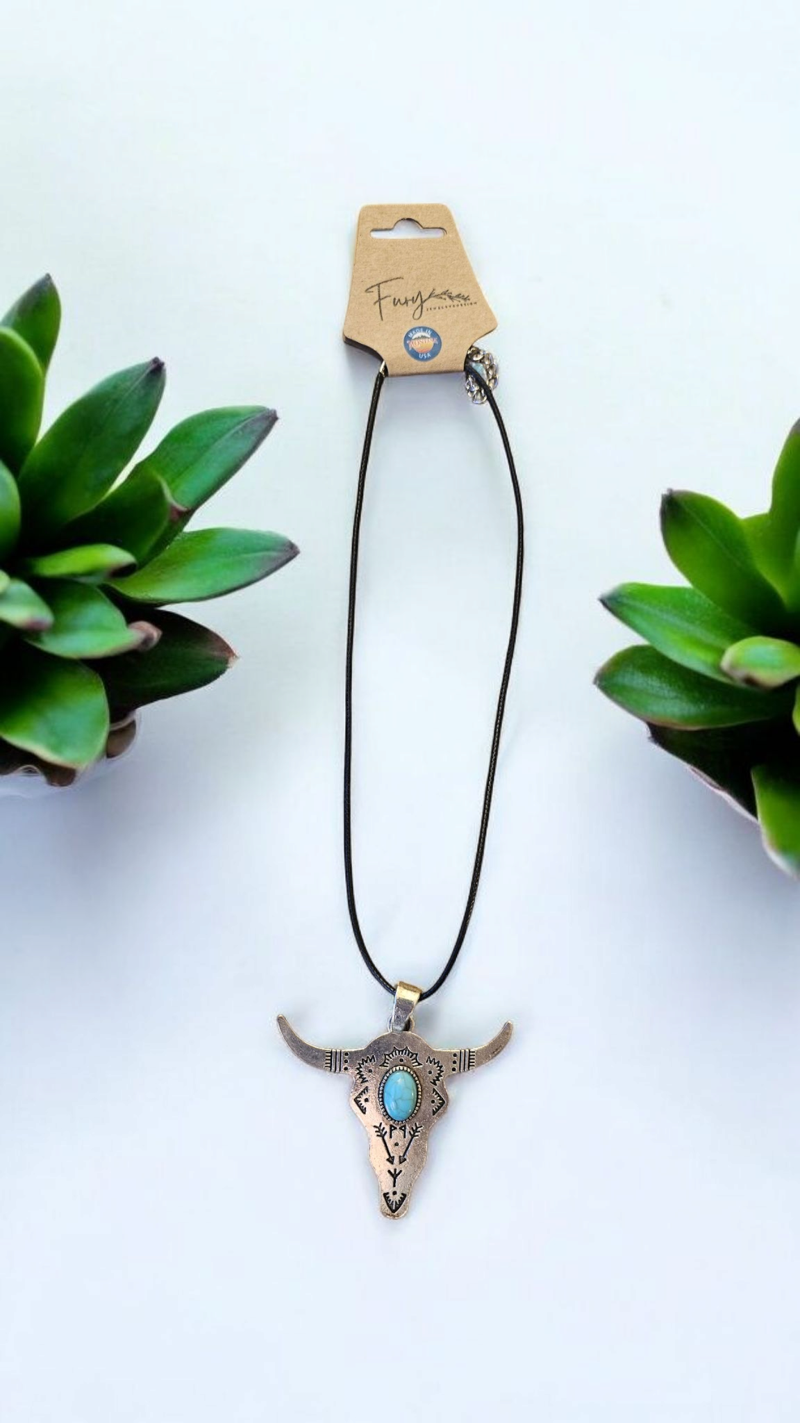 Western Bull Skull with Teal Accent 16" Necklace