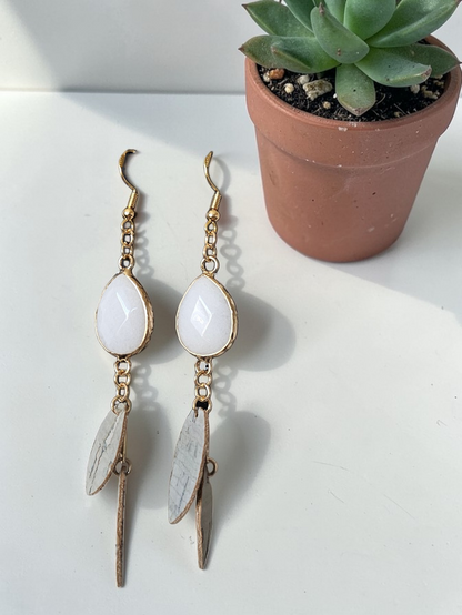 Milky Quartz Teardrops with Upcycled Leather Feathers on Golden Dangle Earrings