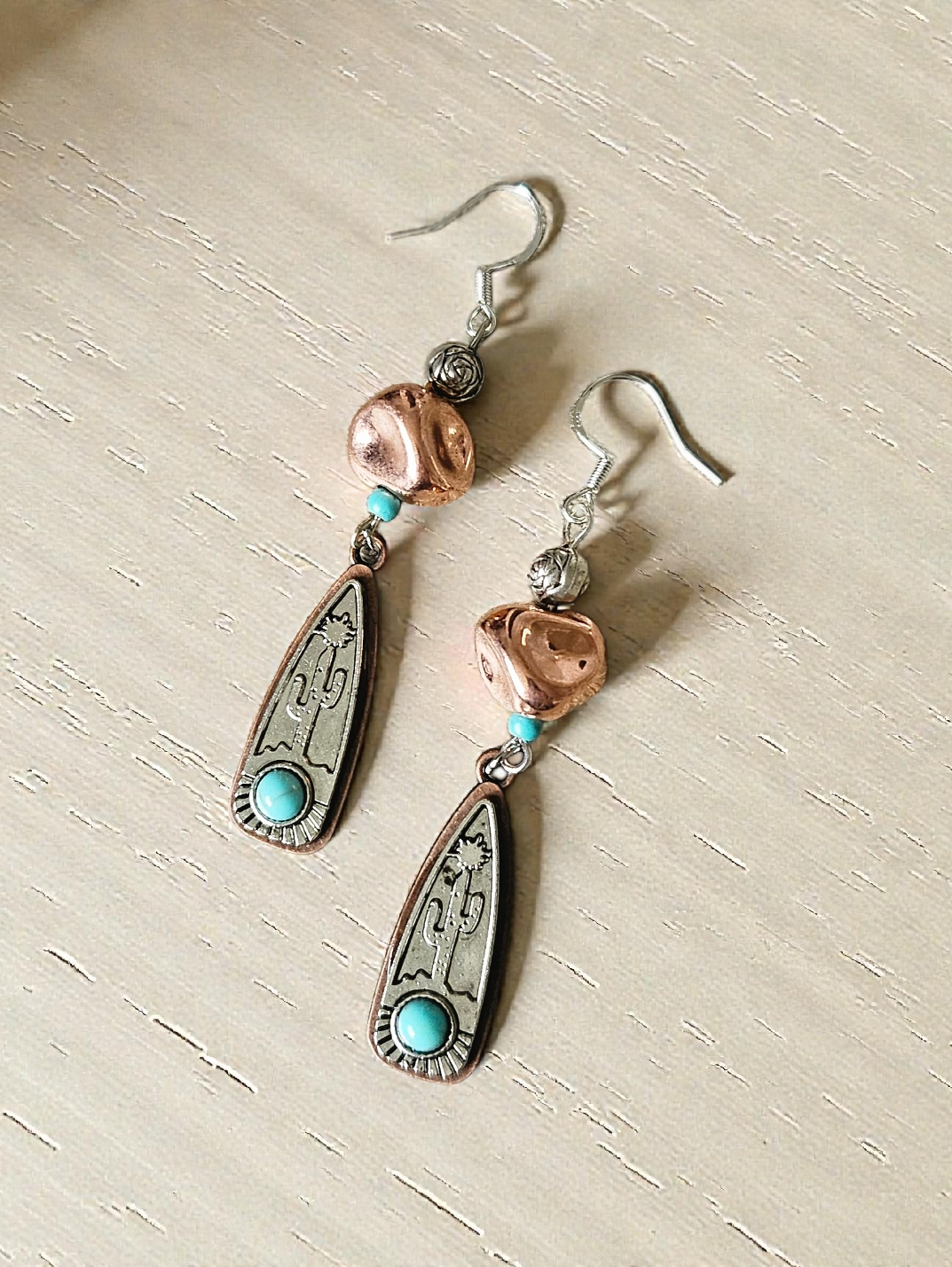 Big Sky Cacti Copper and Silver Dangle Earrings with Teal Accents