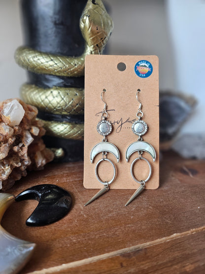Upcycled Silver and Pearly Spiked Moon Dangles