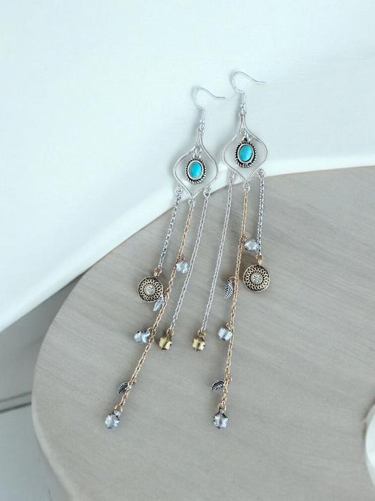Upcycled Silver, Gold, and Teal Bell Tassles Long Dangle Earrings