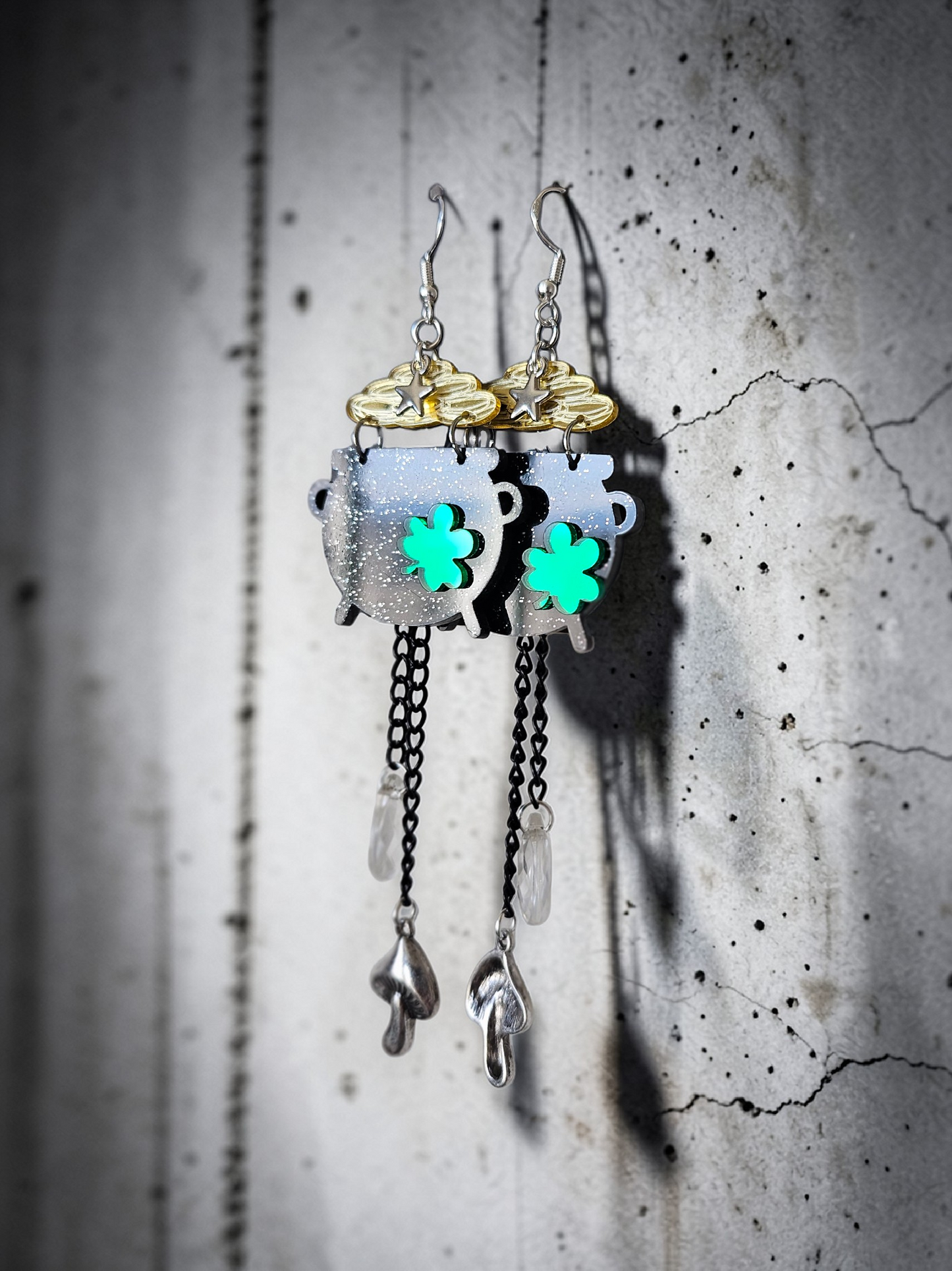 Upcycled Black Pot o' Gold St. Patrick's Day Earrings with Long Dangle Charms