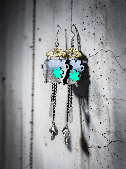 Upcycled Black Pot o' Gold St. Patrick's Day Earrings with Long Dangle Charms