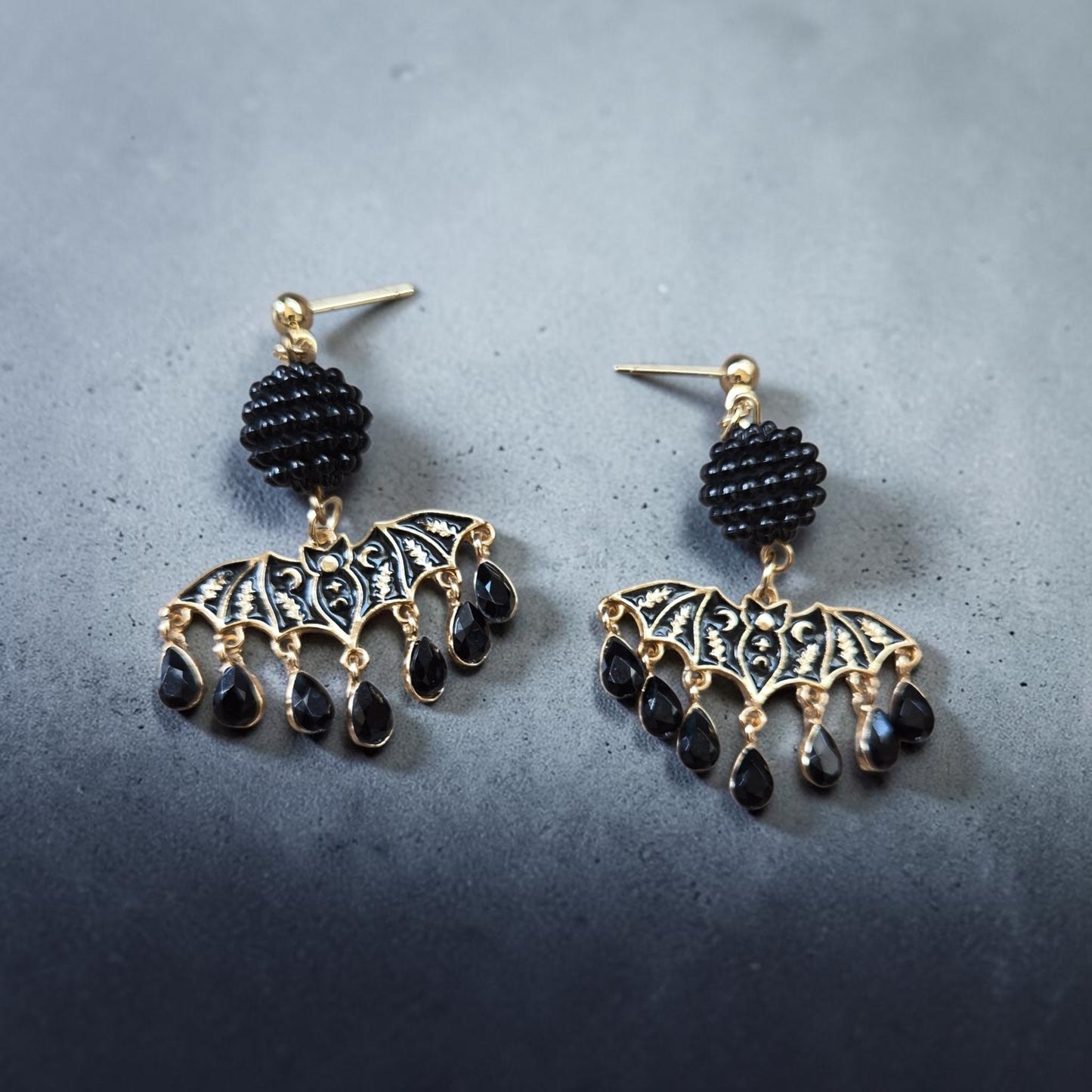 Shimmering Black and Gold Bats on Stud Dangle Earrings