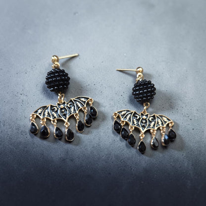 Shimmering Black and Gold Bats on Stud Dangle Earrings