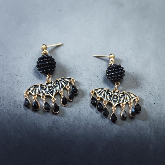 Shimmering Black and Gold Bats on Stud Dangle Earrings