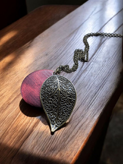 Bronze Leaf and Burgundy Wooden Circle on Long Bronze Necklace