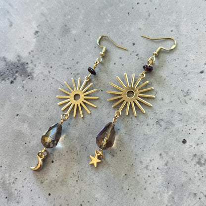 Golden Suns with Iridescent Shimmering Teardrops Dangle Earrings