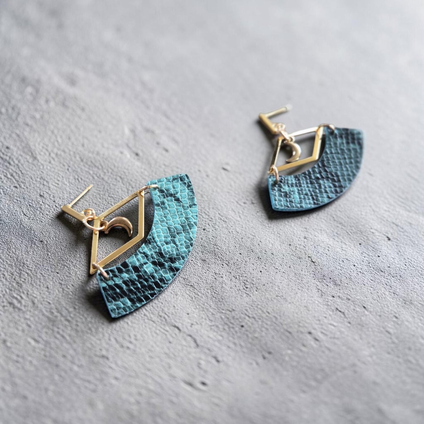 Blue Snakeskin Print and Gold Moons Upcycled Stud Earrings