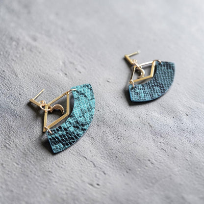 Blue Snakeskin Print and Gold Moons Upcycled Stud Earrings