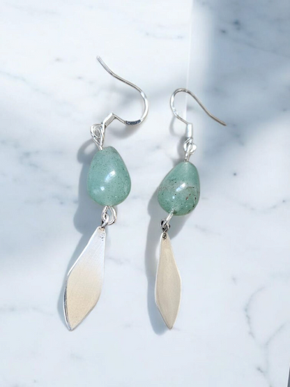 Upcycled Aventurine Gemstone with Silver Charm Petite Dangle Earrings