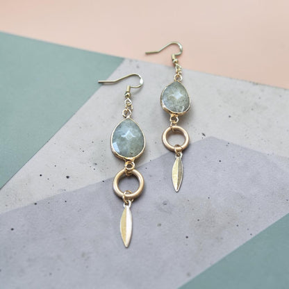 Labradorite Teardrops with Golden Feather Accents Dangle Earrings