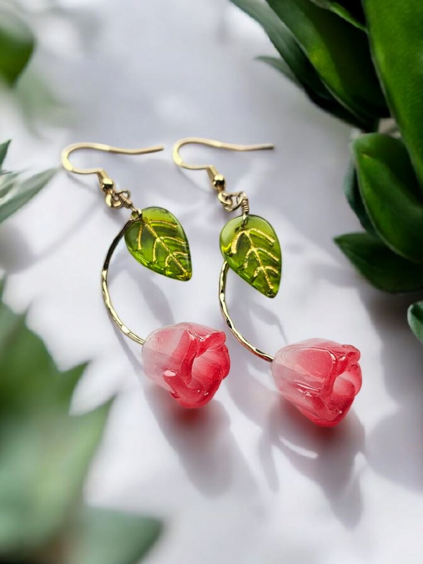 Glass Pink Tulip with Green Leaf Dangle Earrings