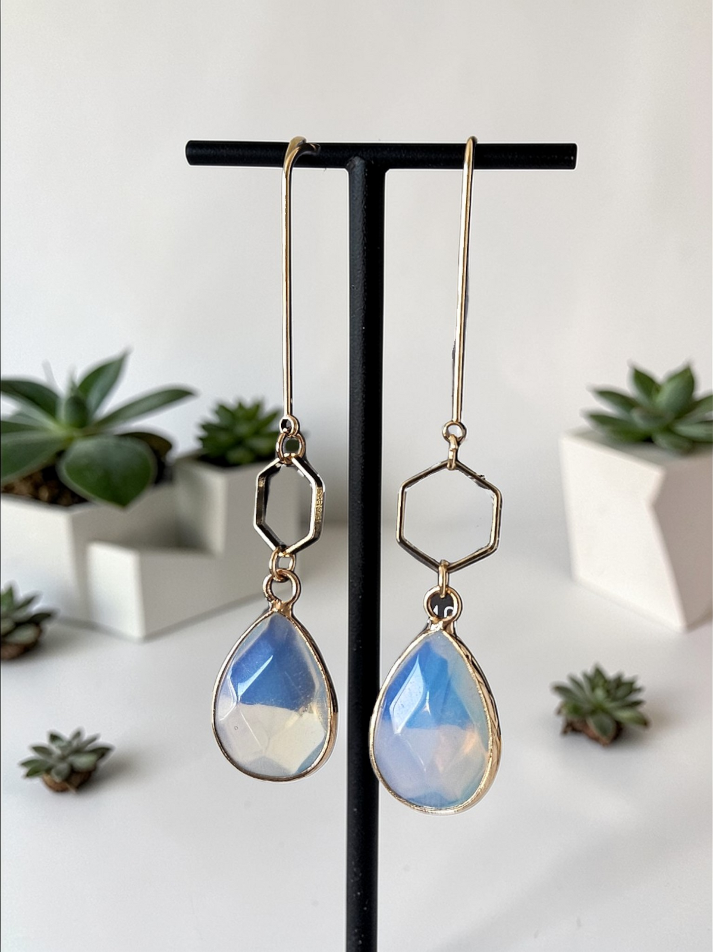 Teardrop Gemstones and Hexagons on Golden U-shaped Earrings