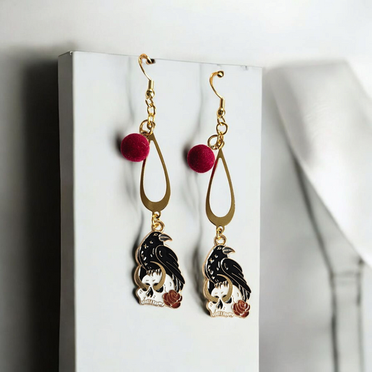 Burgundy, Gold and Black Raven Rose Dangle Earrings