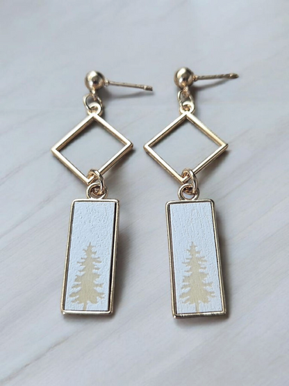Gold and White Pine Trees on Gold Stud Dangle