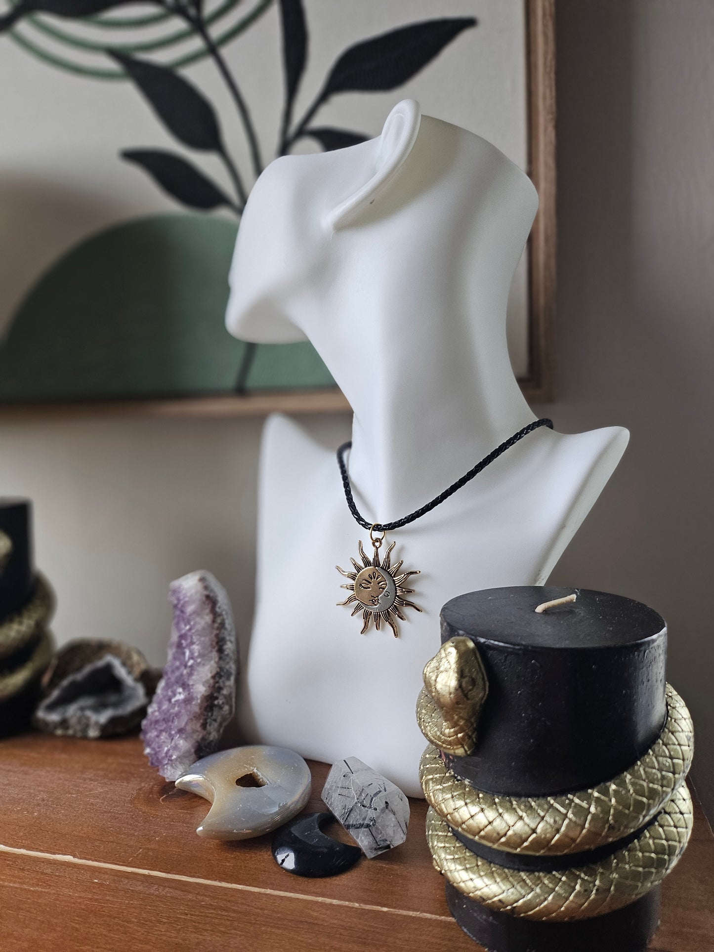Two Face Sun and Moon Braided Leather 16" Necklace