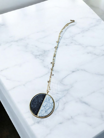 Black and White Marble Yin and Yang Long Shimmer Necklace
