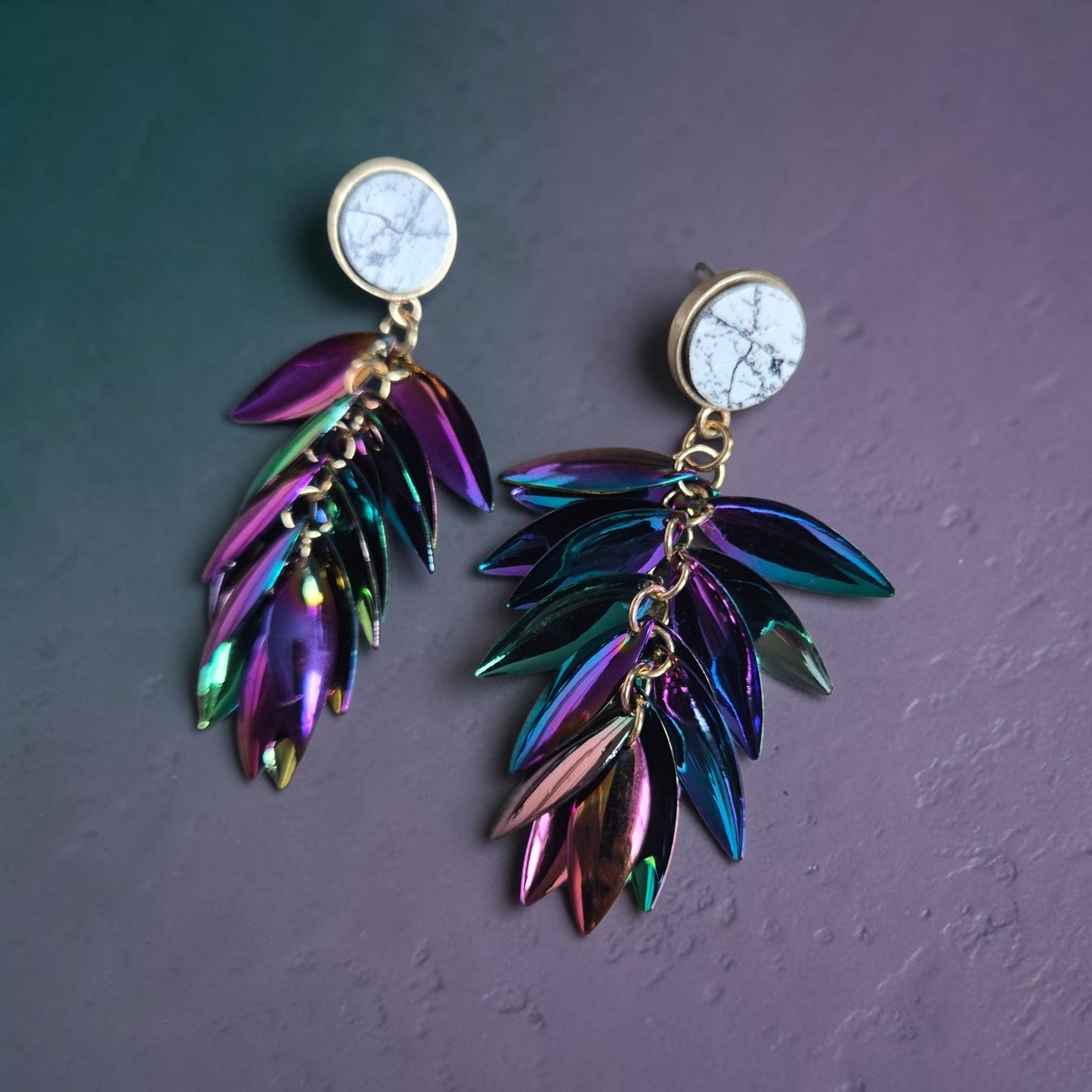 Iridescent Feather Cascade on Marbled Stud Earrings