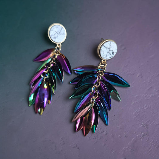 Iridescent Feather Cascade on Marbled Stud Earrings