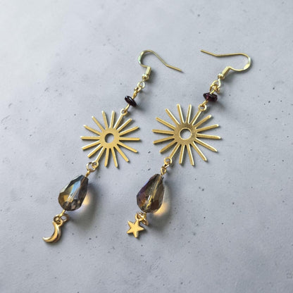 Golden Suns with Iridescent Shimmering Teardrops Dangle Earrings