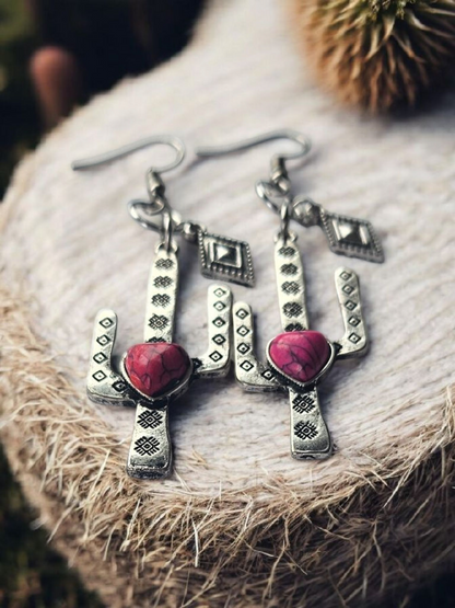 Upcycled Silver Cactus with Pink Heart Dangle Earrings
