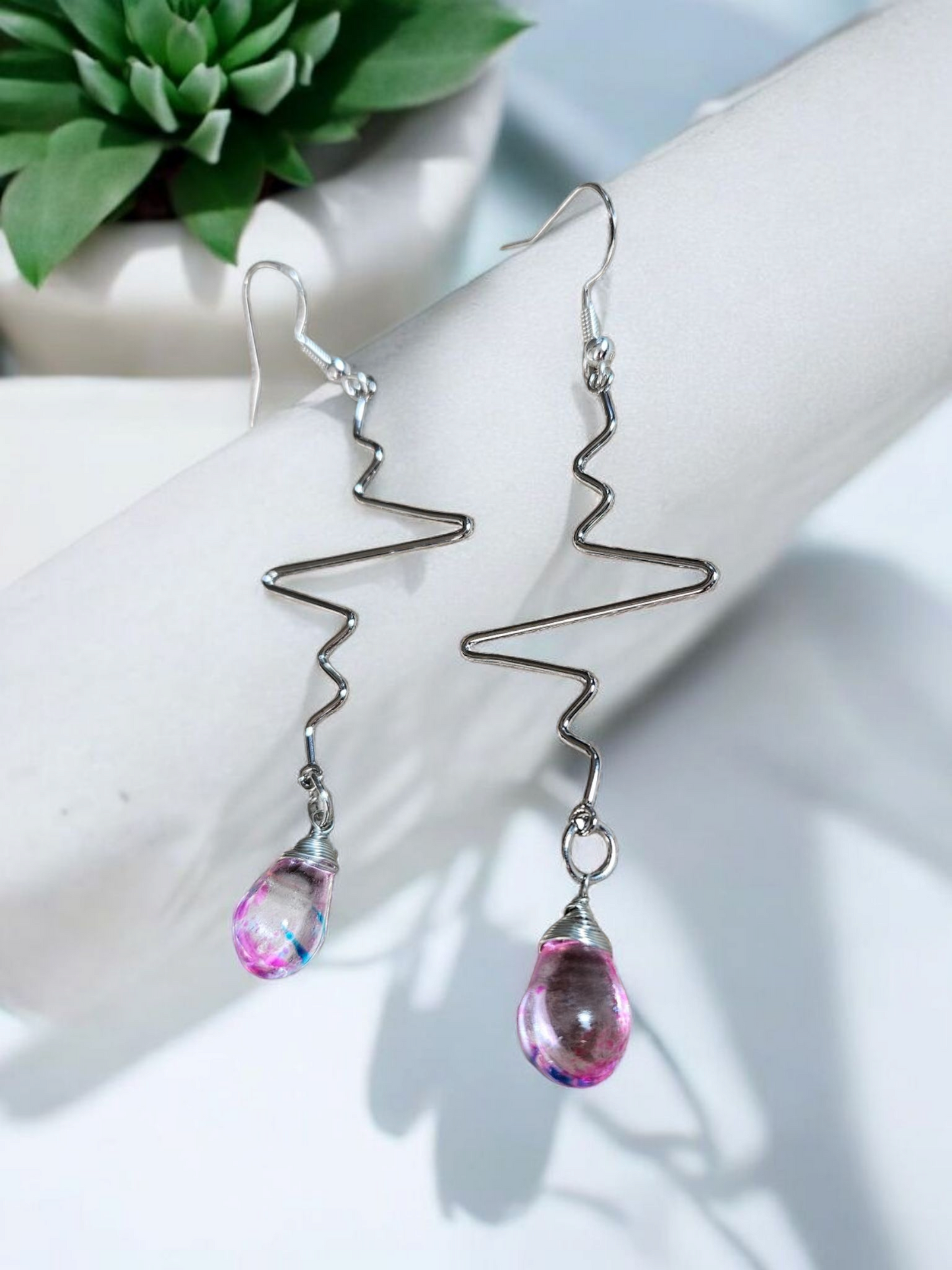 Silver Heartbeat and Colorful Tear Drop Charm Long Dangle Earrings