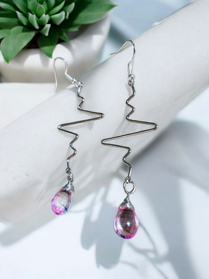 Silver Heartbeat and Colorful Tear Drop Charm Long Dangle Earrings