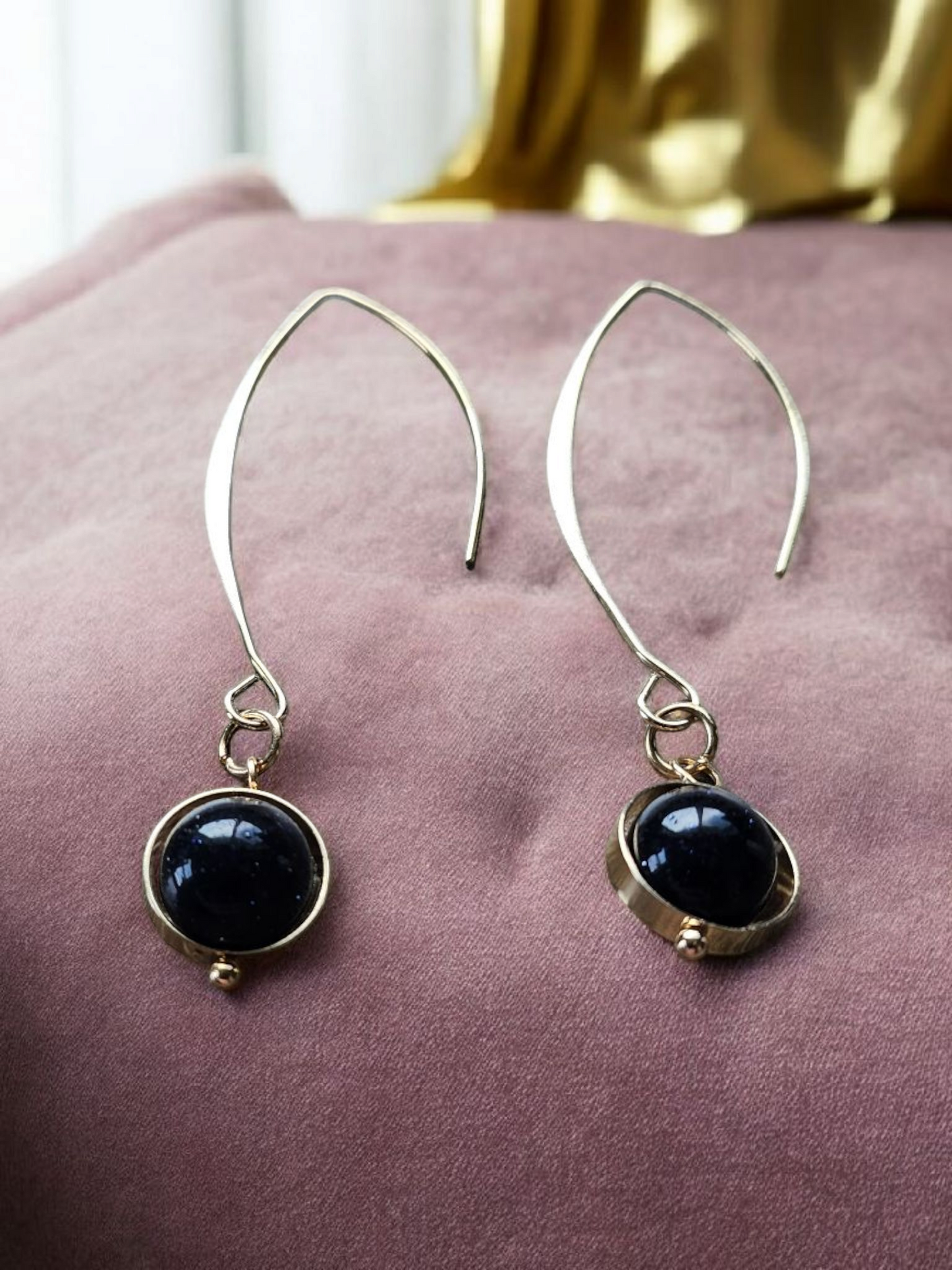 Black Shimmer Globes on Gold Dangle Earrings