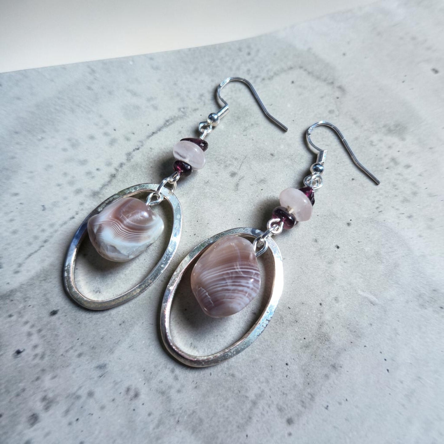 Brazil Agates on Silver Circles with Garnet and Rose Quartz Beads Dangle Earrings