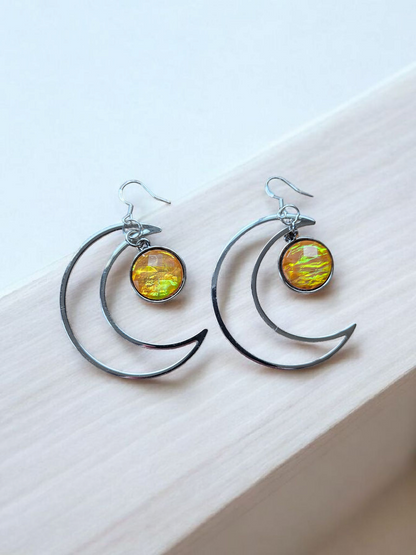 Large Silver Moons with Holographic Drops Earrings