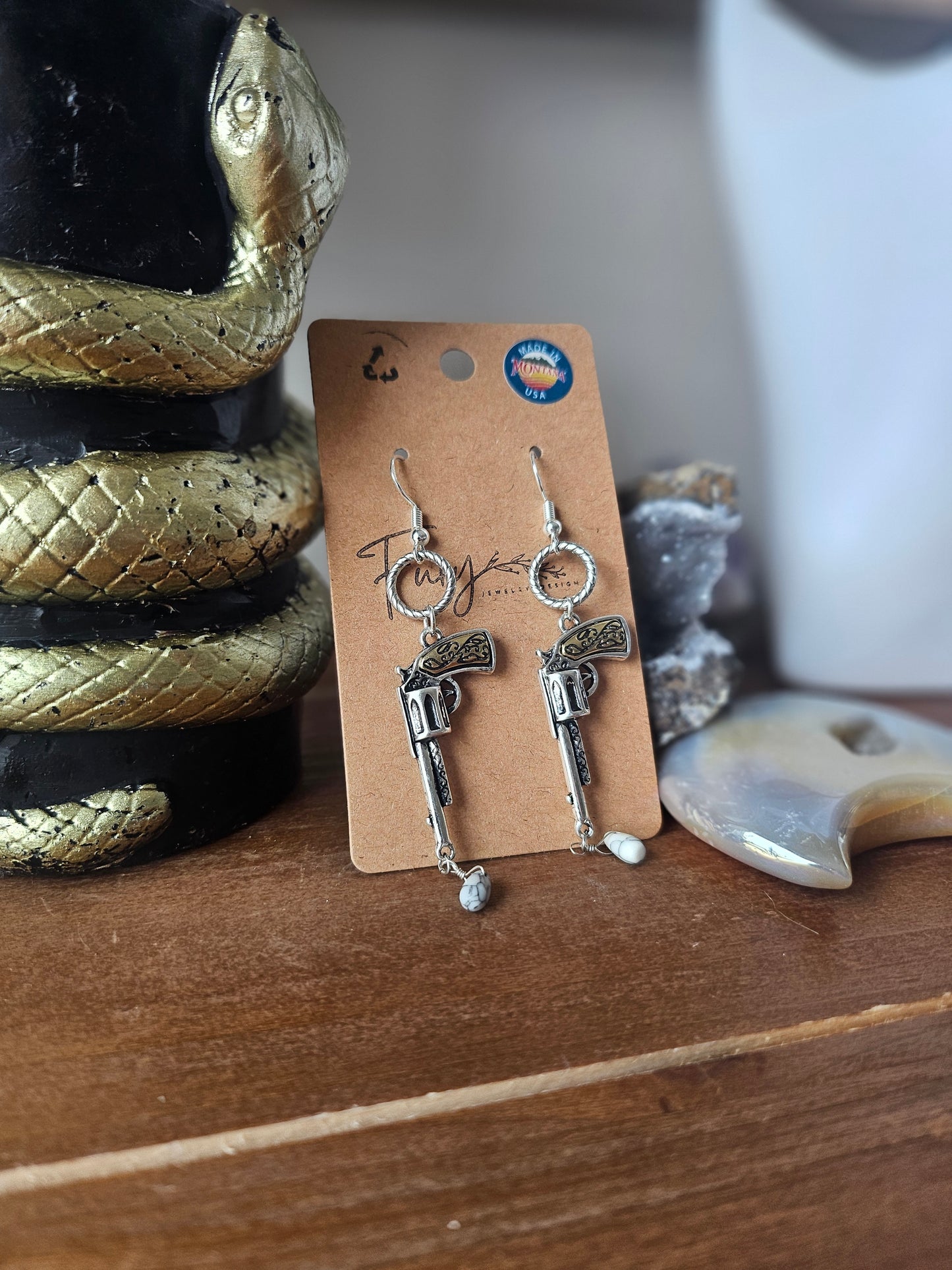 Silver and Gold Gun Dangle Earrings with Marble Teardrop