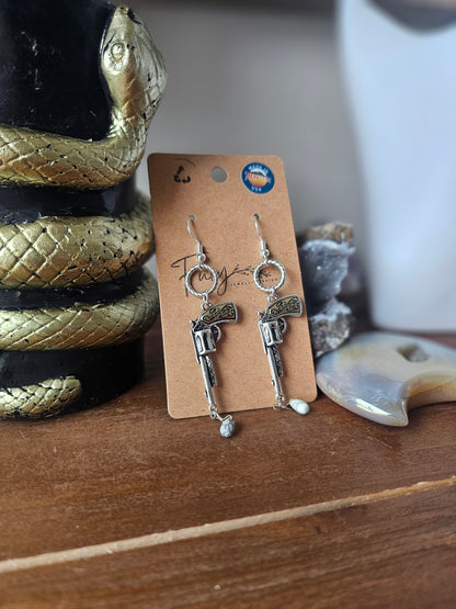 Silver and Gold Gun Dangle Earrings with Marble Teardrop