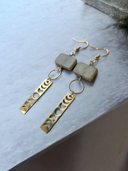 Upcycled Green Stone and Moon Phases in Gold Dangle Earrings