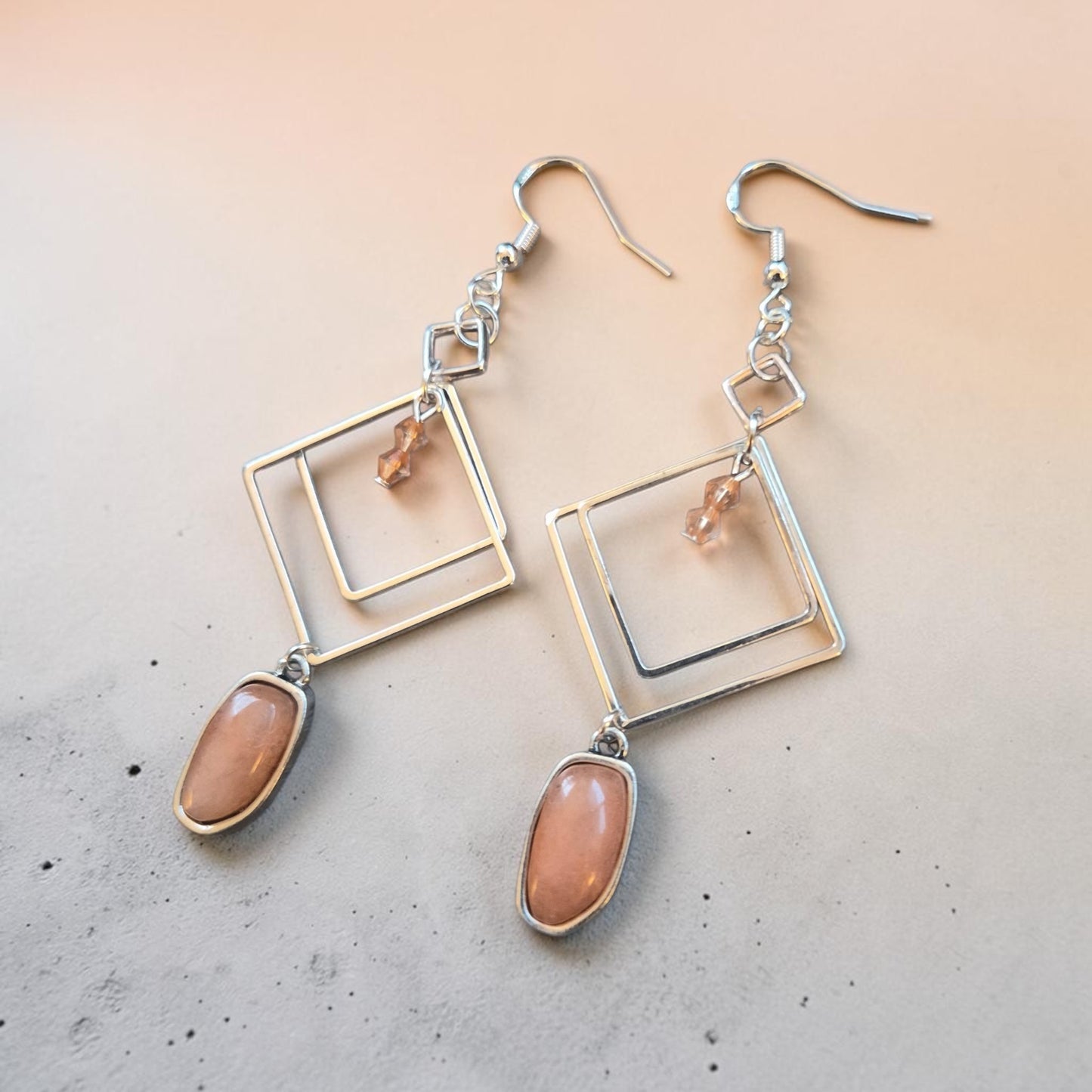Silver Geometric Dangle Earrings with Peach Stones