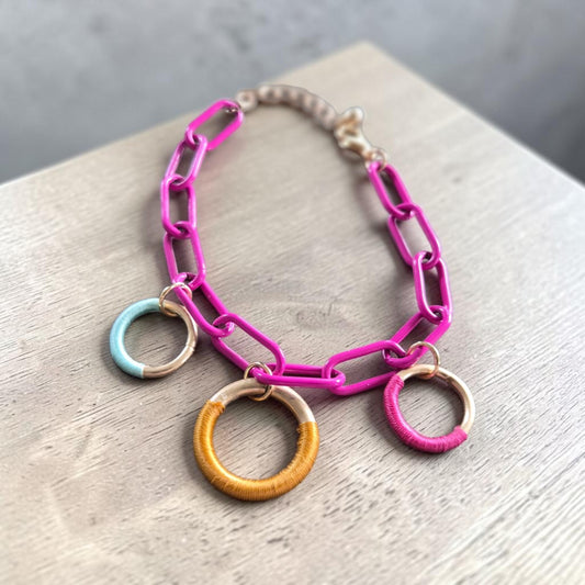 Pink Chain Bracelet with Colorful Threaded Hoops