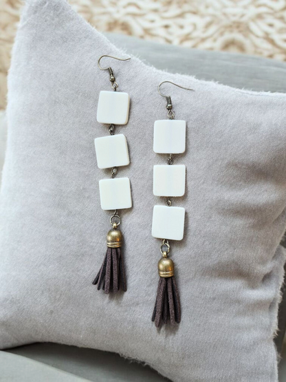 White Squares with Brown Tassles Long Dangle Earrings
