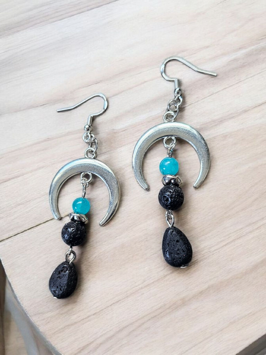Lava Stone Dangle on Silver Crescent Moon Drop Earrings