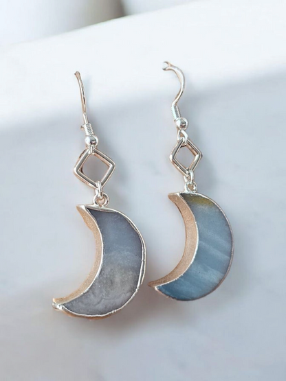 Silver Wrapped Rough Moonstone Moon Dangle Earrings