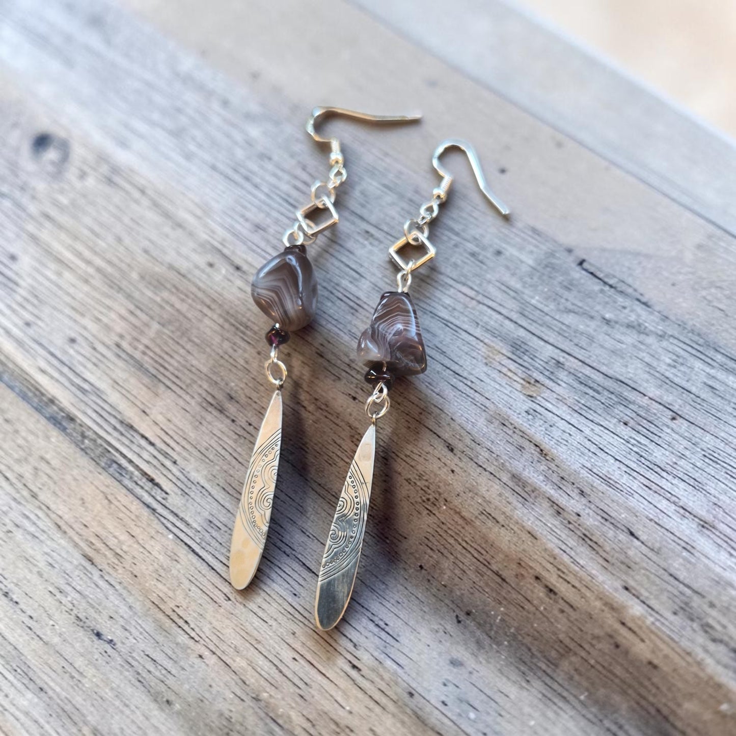 Purple Brazilian Agates with Upcycled Silver Drops Dangle Earrings