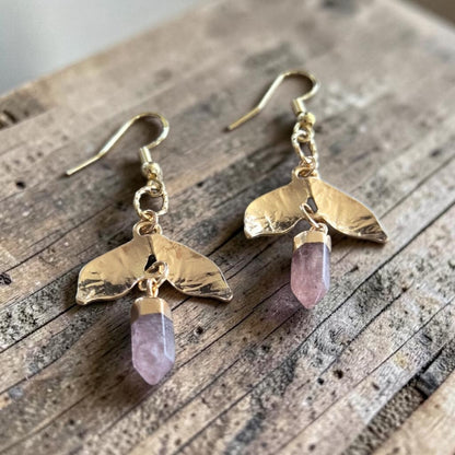 Golden Leaf and Amethyst Crystal Point Dangle Earrings