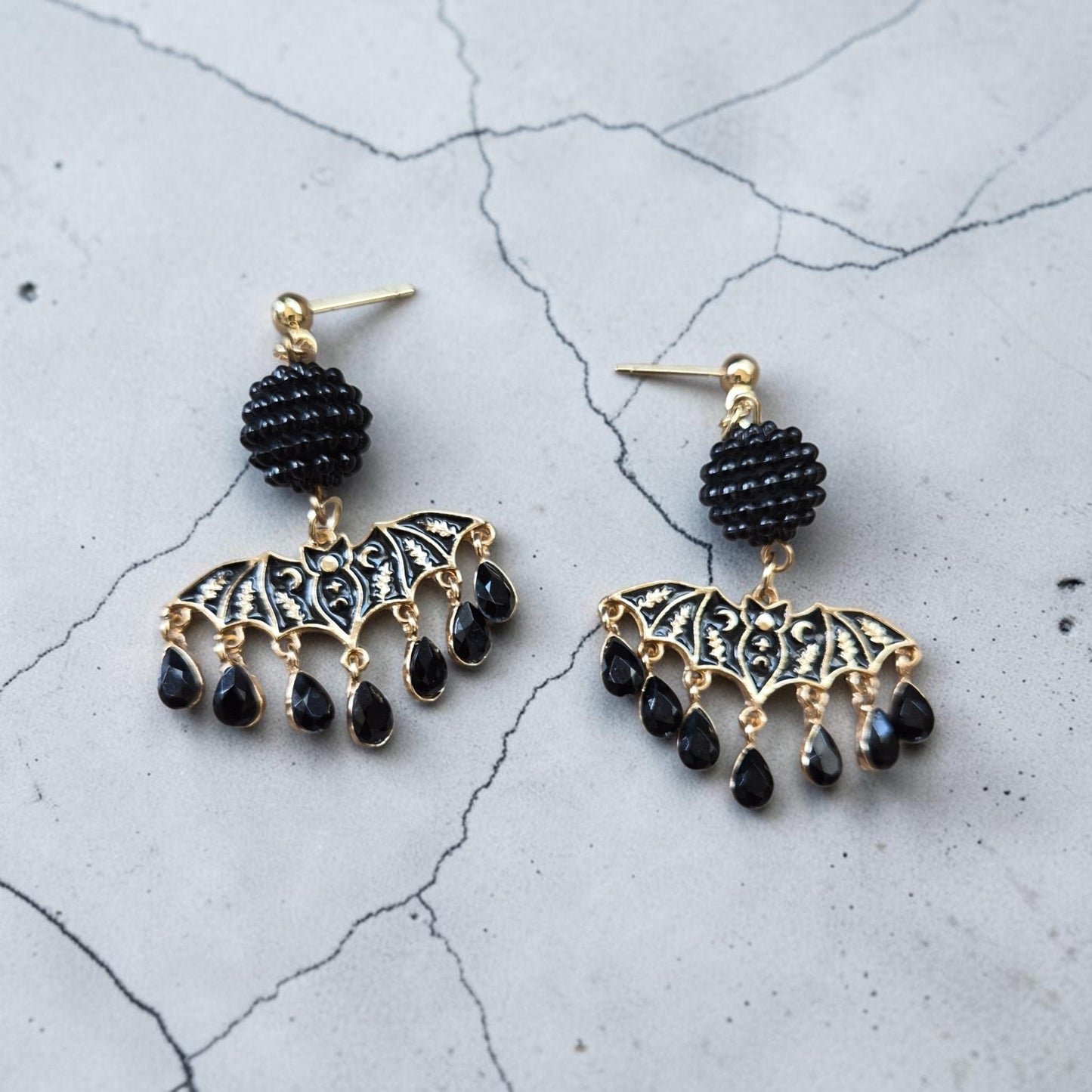 Shimmering Black and Gold Bats on Stud Dangle Earrings