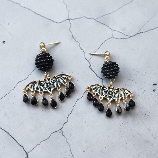 Shimmering Black and Gold Bats on Stud Dangle Earrings