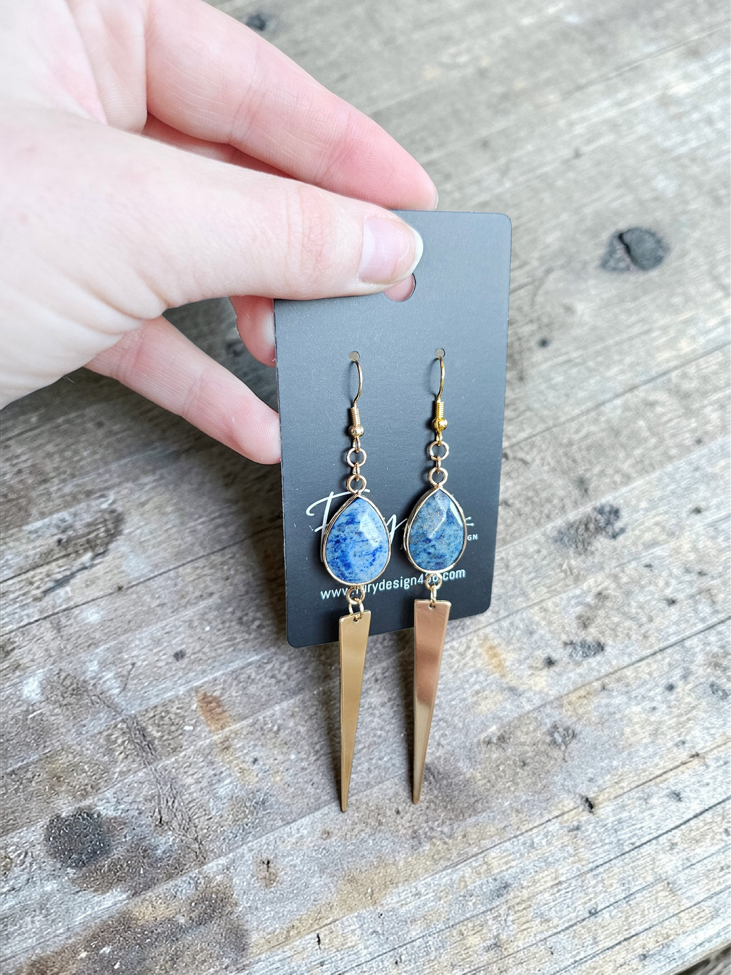 Gemstone Teardrops with Long Golden Point Dangle Earrings
