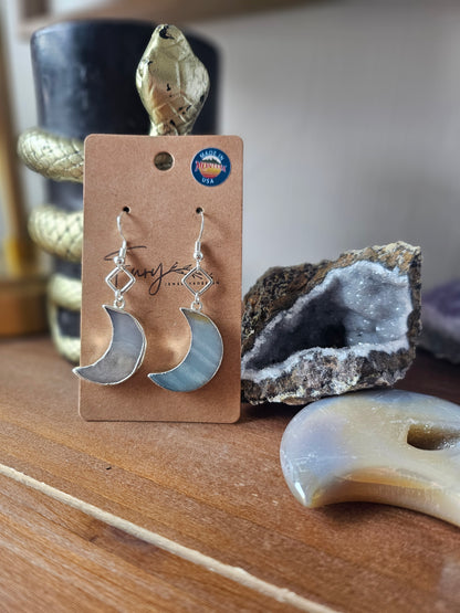 Silver Wrapped Rough Moonstone Moon Dangle Earrings