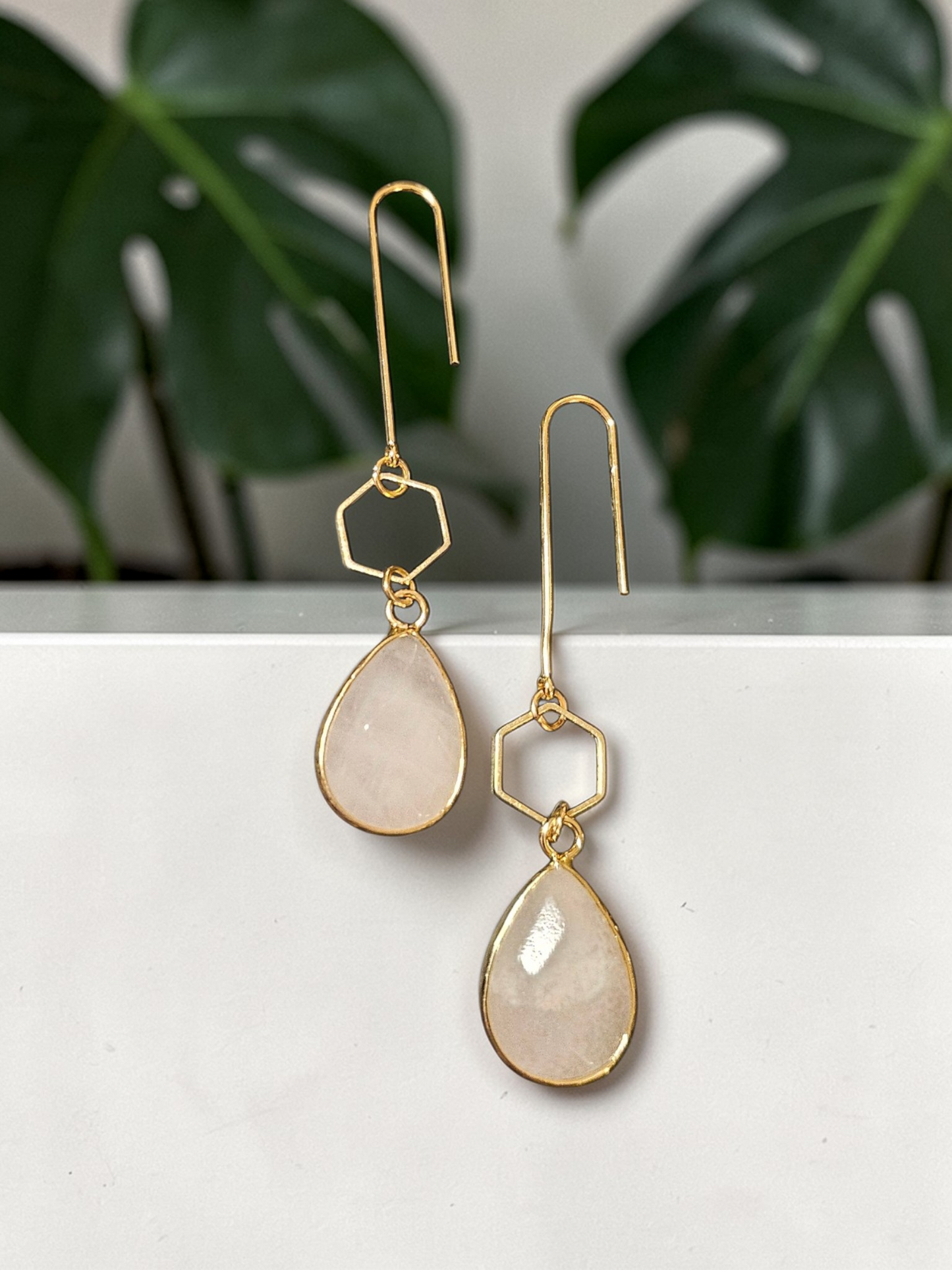 Teardrop Gemstones and Hexagons on Golden U-shaped Earrings