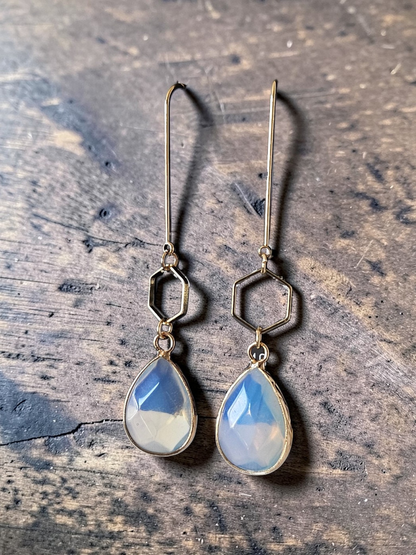 Teardrop Gemstones and Hexagons on Golden U-shaped Earrings