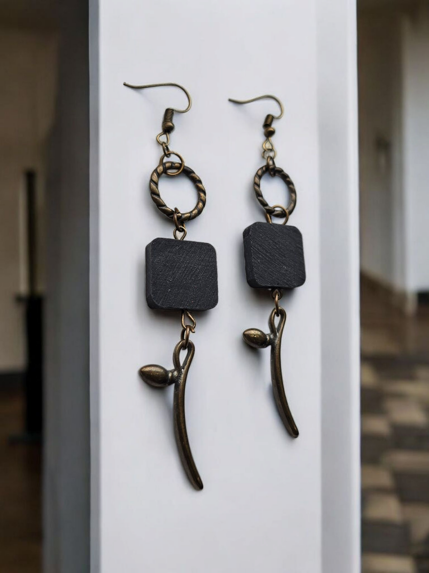 Upcycled Black Wood and Bronze Spring Flower Dangle Earrings